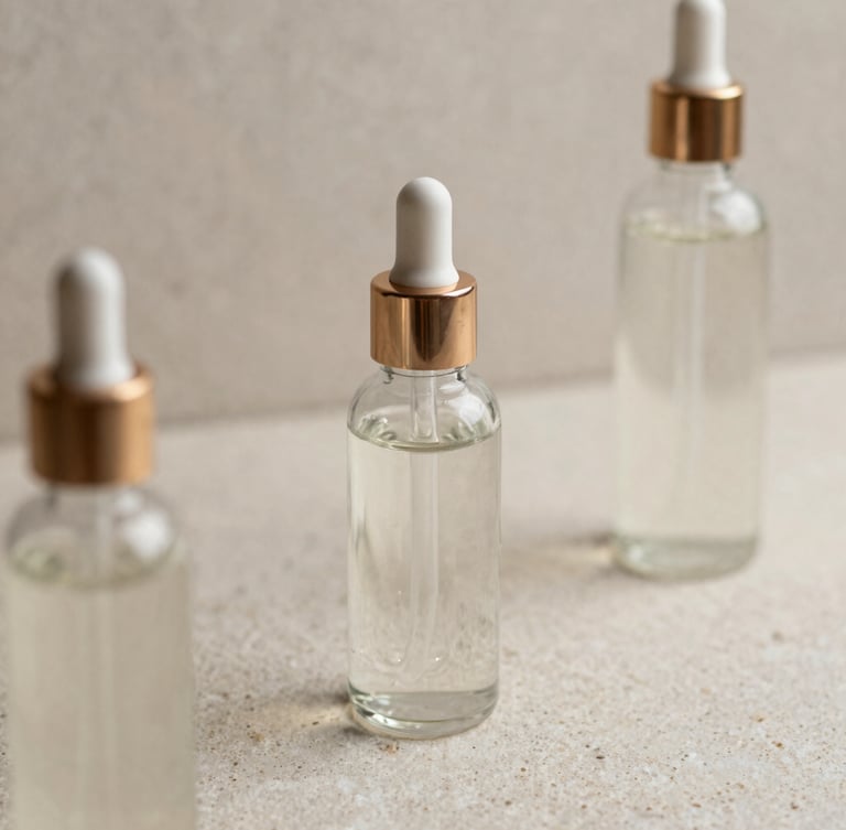 Elegant editorial photography of heavy glass skincare bottles on textured neutral stone, soft diffused side daylight, muted neutral tones, macro lens, shallow depth of field