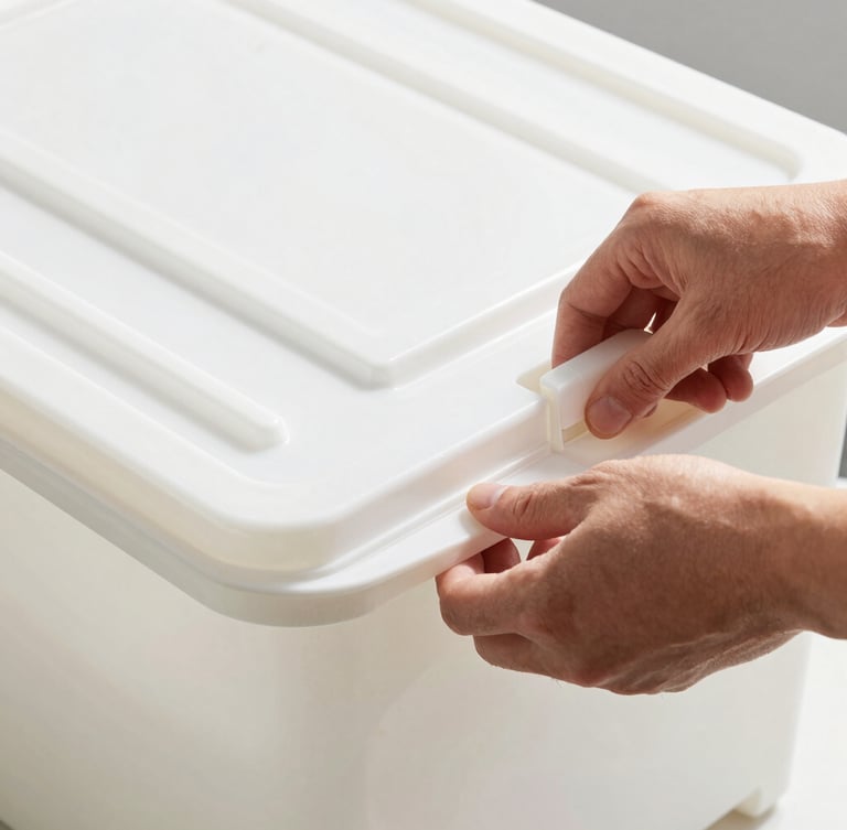 Close-up of a person's hands snapping shut the interlocking lid of a heavy-duty plastic moving tote, bright daylight, high contrast.