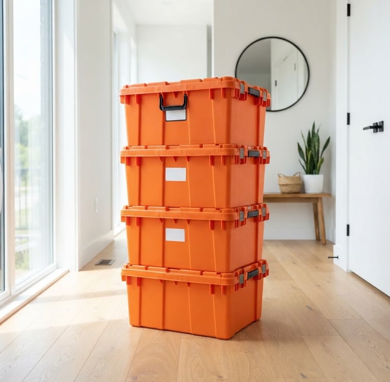 A stack of bright orange plastic moving totes sitting neatly in a sunlit modern apartment entryway, clean lines, sharp focus.