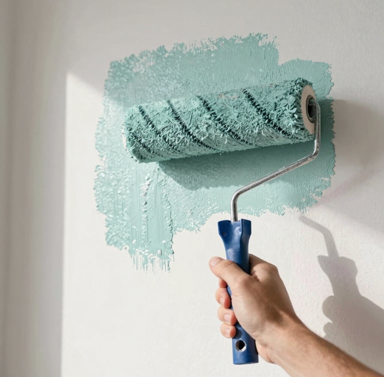 A close-up of a professional painter's hand using a high-quality roller to apply soft teal paint to a clean, textured interior wall, natural light streaming from the side, clean edges