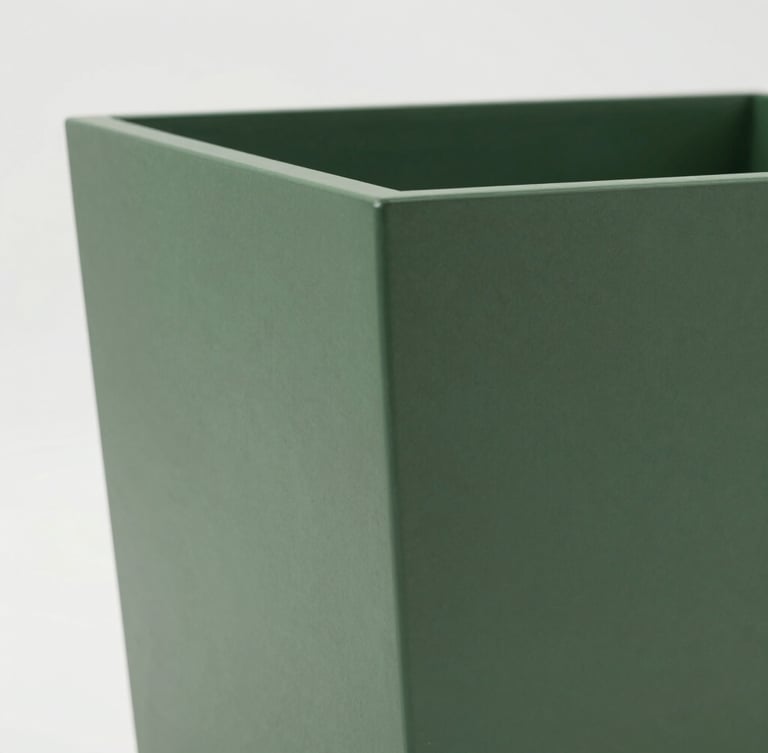 Close-up of a craftsman finishing a large-scale custom matte forest green planter, highlighting the textured finish and clean architectural lines.