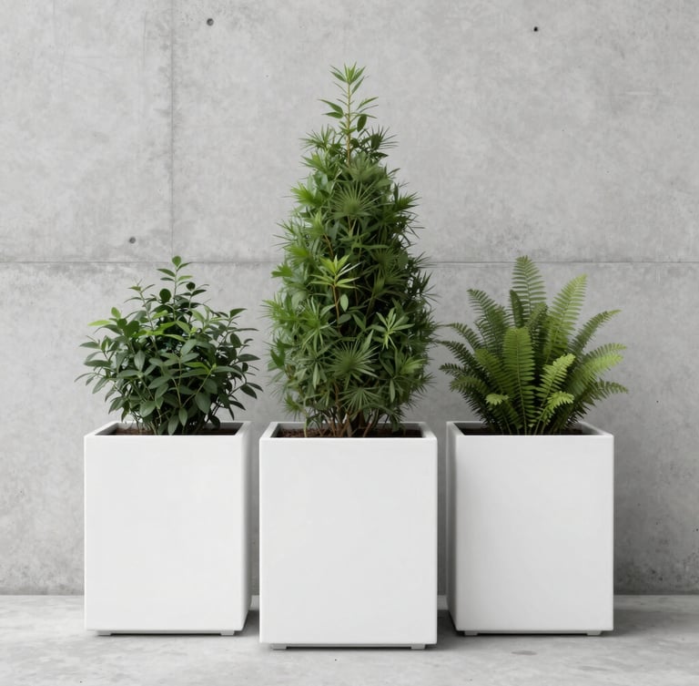 Eye-level straight-on architectural photograph of monolithic matte-finished white fibre planters containing structured green foliage, set against a raw concrete wall, soft diffused overcast daylight, sharp focus, 35mm lens