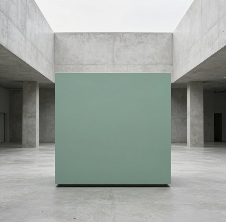Straight-on eye-level shot of a massive monolithic matte-finished planter in a minimalist concrete atrium, soft overcast daylight, architectural scale, 35mm lens