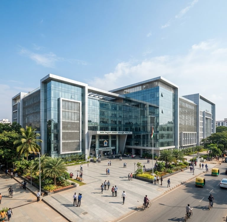 Wide environmental shot of Bangalore municipal office with clean modern glass architecture, bright natural daylight, crisp corporate colors, professional 35mm lens.