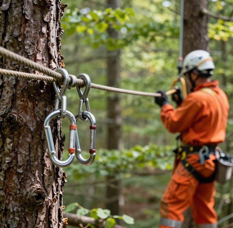 Close-up of industrial rigging ropes and heavy steel carabiners attached to a thick tree trunk, professional arborist in safety orange gear working in the background, crisp daylight.