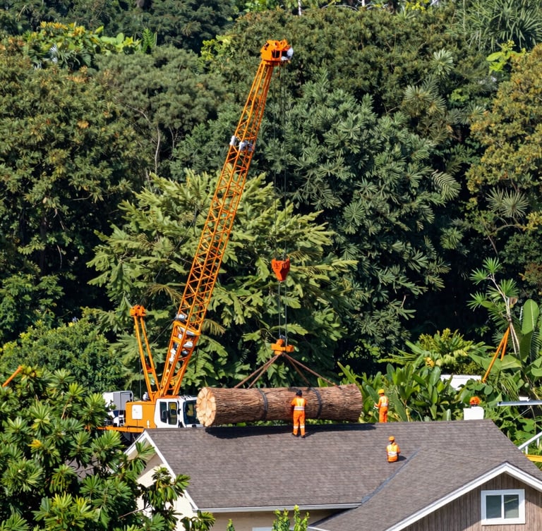 Wide-angle outdoor shot of a massive crane lifting a large pine trunk over a residential roof, bright daylight, crew in safety orange gear, precise rigging setup.