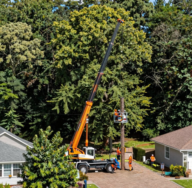 Wide environmental shot of a professional tree rigging crew in safety orange gear operating a heavy crane near a residential property, bright daylight, high contrast