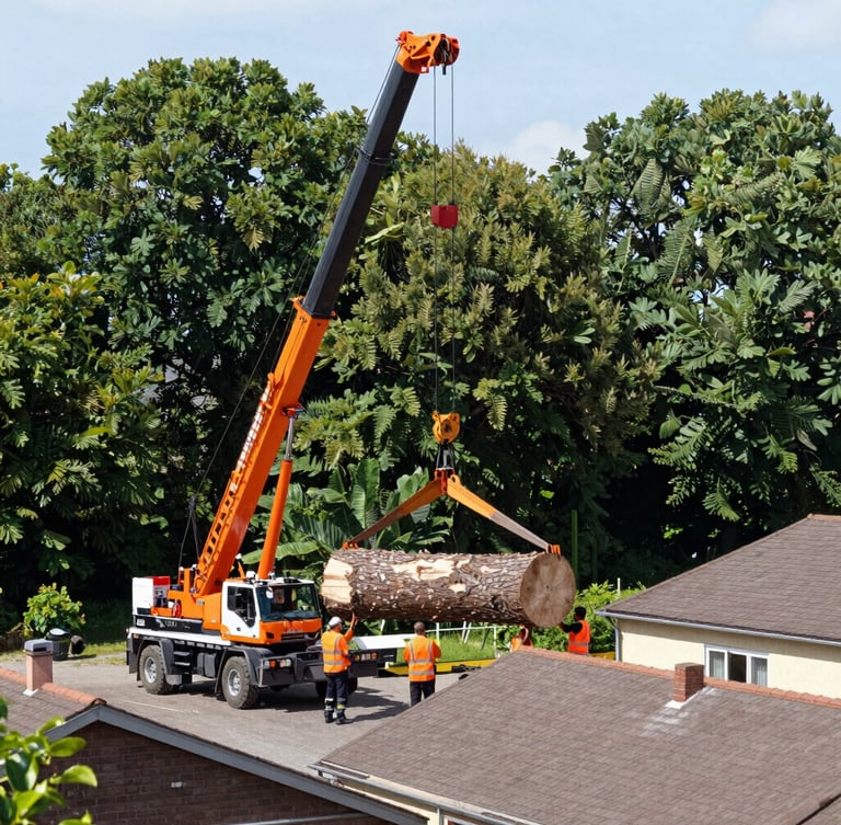 Wide environmental shot of a 60-ton crane lifting a massive oak trunk section over a residential roof, bright crisp daylight, grounds crew in high-visibility safety orange vests guiding the descent.