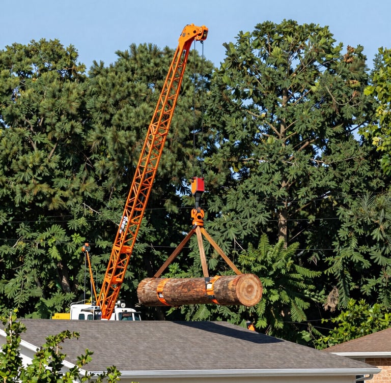 Wide environmental shot of a massive crane lifting a heavy pine tree trunk over a residential roof, bright crisp daylight, precision rigging gear visible, high-contrast forest green and safety orange safety gear.
