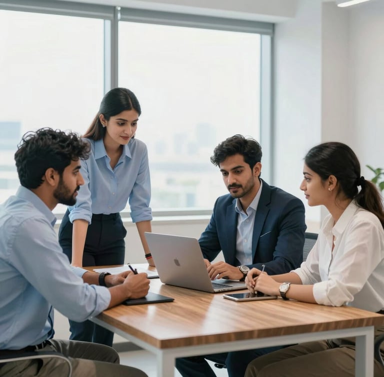 Bright modern corporate office in Karachi, young Pakistani professionals collaborating around a wooden table, large windows with soft daylight, professional blue tones