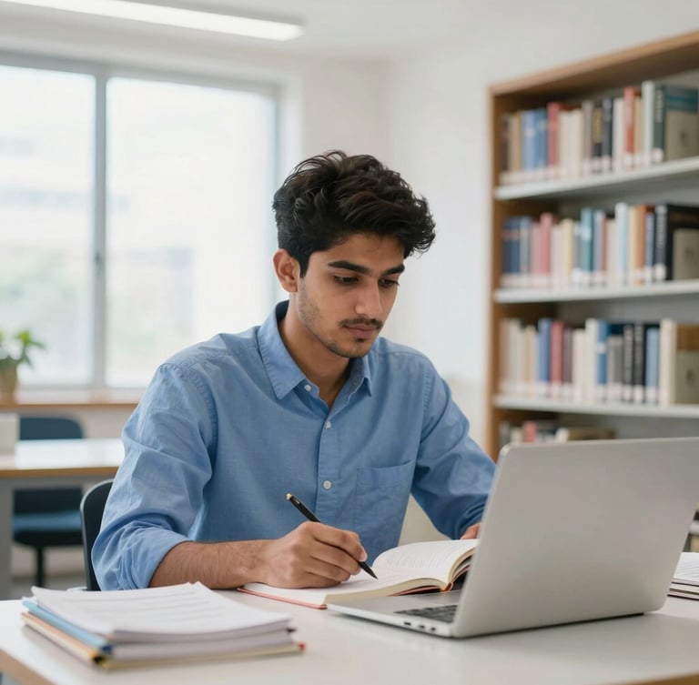 A young Pakistani student studying with books and a laptop in a bright, modern library in Islamabad, soft natural window light, professional blue tones