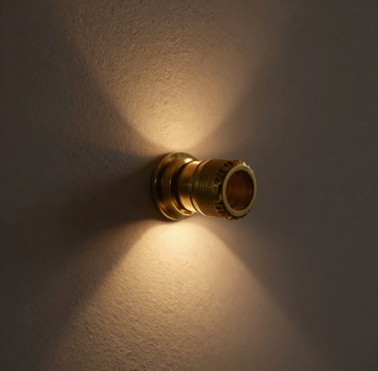 Moody close-up of a matte brass joint on a raw plaster background, warm ambient glow, deep shadows, 50mm architectural editorial photography