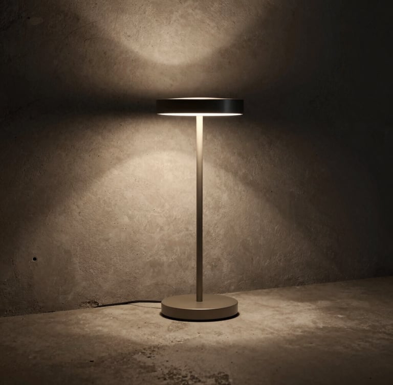 Moody editorial photography of a slim counter table lamp casting a warm pool of light on a raw concrete surface, deep shadows, 50mm