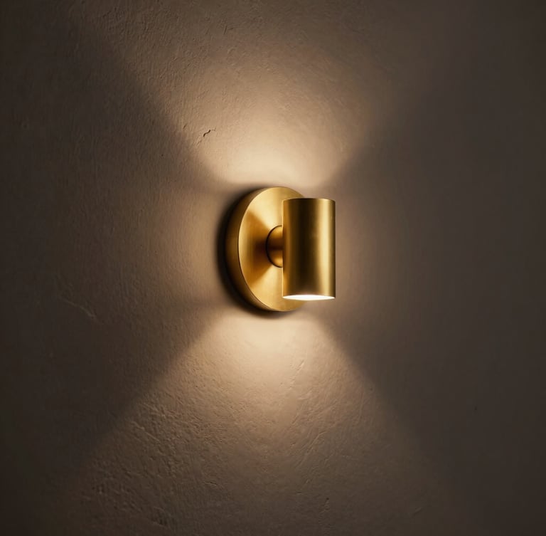 Moody editorial photography of a minimalist matte brass vanity sconce on raw plaster, casting a warm ambient glow, deep shadows, 50mm