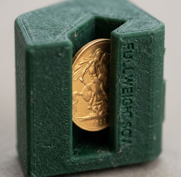 Sharp macro close-up of a deep green 3D-printed coin tester with a gold sovereign sliding through the slot, bright studio light, rich gold tones