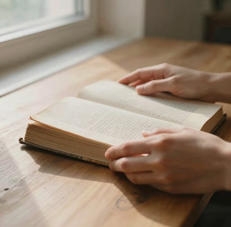 Close-up of hands holding a worn linen book on a wooden table, soft morning window light, warm diffused shadows.