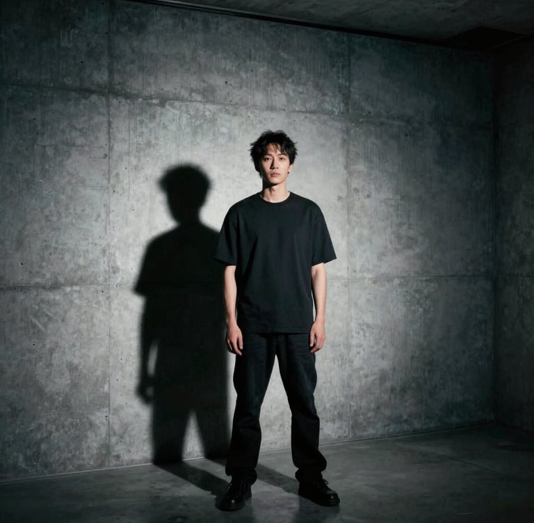 Stark, high-contrast cinematic editorial portrait of a visionary in a minimalist concrete gallery, sharp shadows, cool desaturated tones, medium format film.