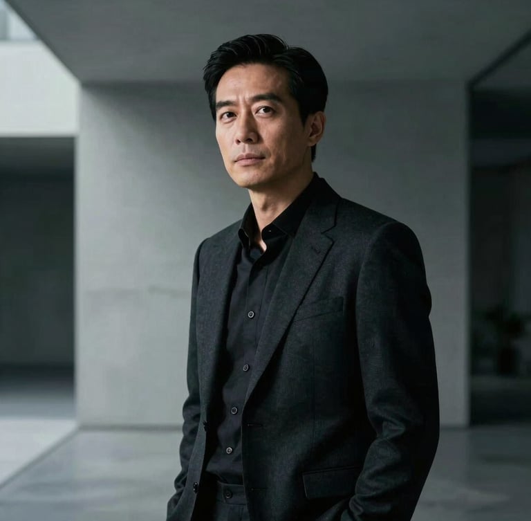 Sleek modern editorial portrait of a visionary leader in a desaturated architectural space, high-contrast studio lighting, sharp neon highlight