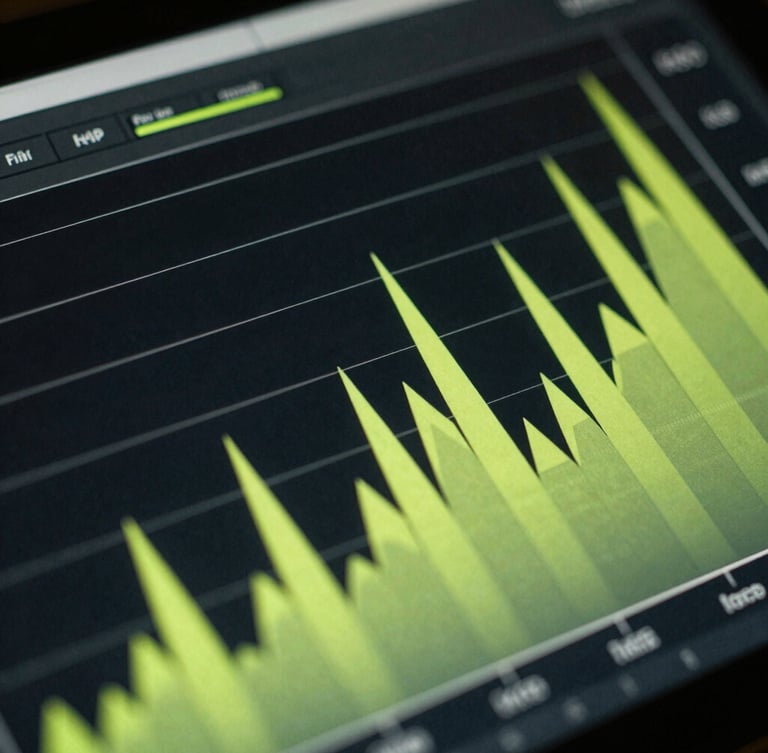 Extreme close-up of a high-end digital interface displaying sleek, desaturated data graphs with sharp neon lime highlights, captured in stark studio lighting, medium format film.