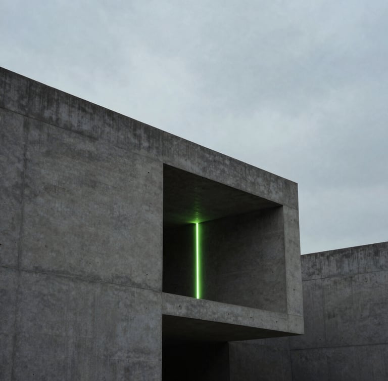 Minimalist architectural concrete structure under stark overcast sky, deep shadows, clean lines, medium format film