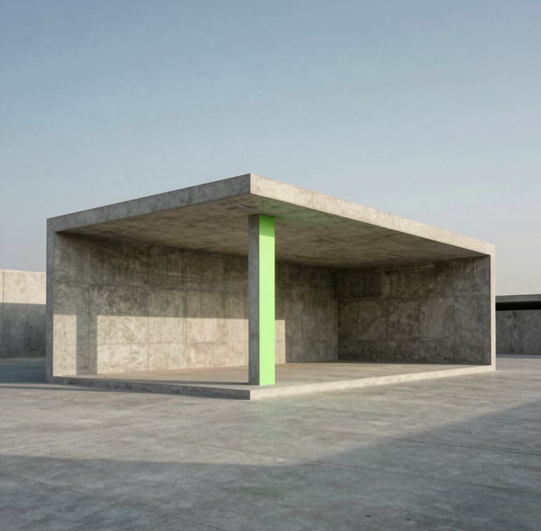 Wide panoramic architectural shot of a brutalist concrete pavilion in Dubai, sharp geometric shadows, overcast cool daylight, negative space.