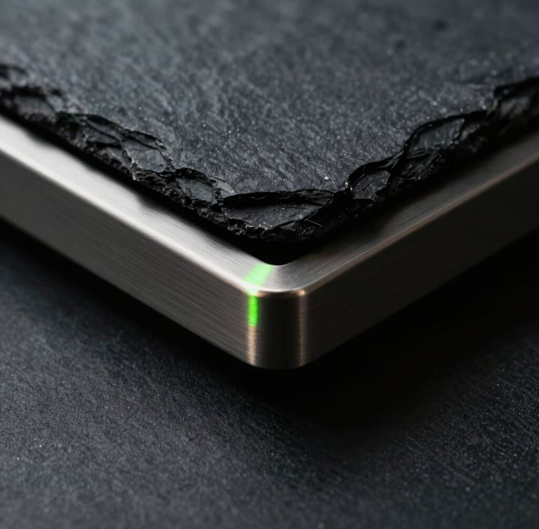 Macro close-up of premium textured dark slate and brushed titanium, stark studio lighting, deep shadows, cool desaturated tones with a subtle neon green reflection, architectural precision.