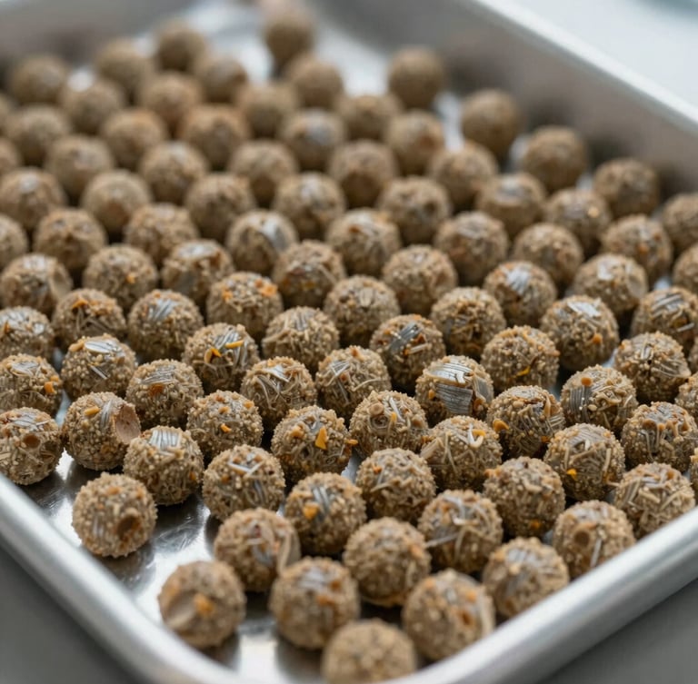 Close-up of high-quality extruded fish feed pellets showing rich texture and uniform shape on a sterile metal laboratory tray, sharp focus, industrial lighting.