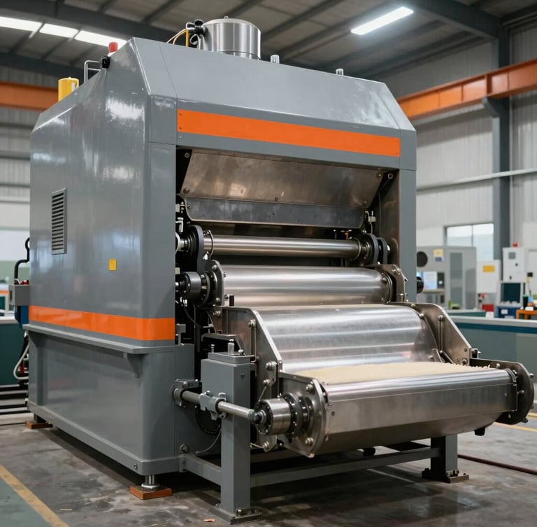Wide shot of heavy-duty industrial feed pelleting machinery in operation, steel gray metallic surface with safety-orange warning stripes, bright clean industrial lighting.