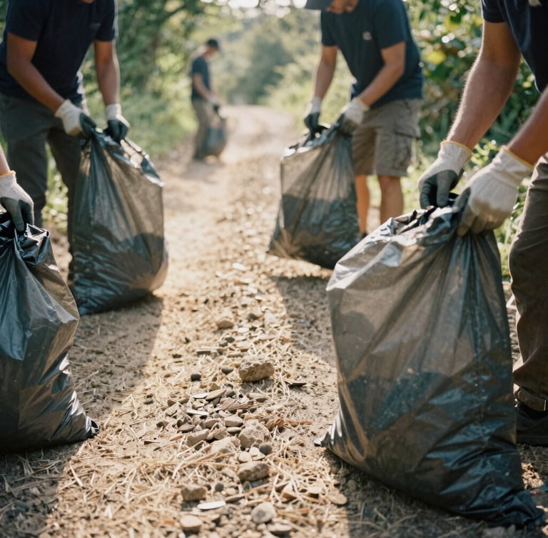 Close-up of volunteers actively cleaning a dusty off-road trail, hands wearing gloves, bagging trash, harsh midday sun, rugged outdoor photography.