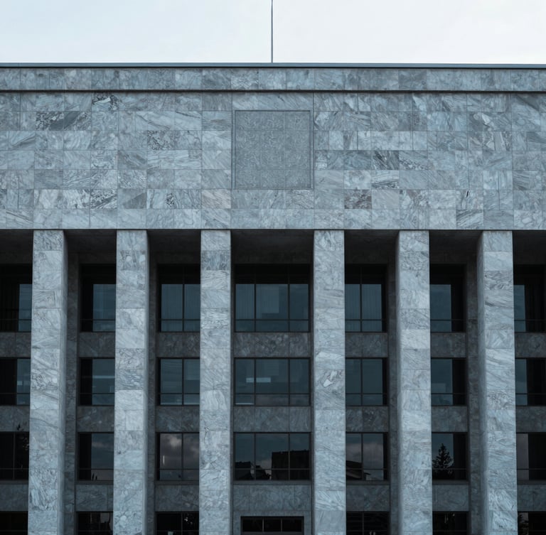 Minimalist architectural detail of a modern civic building in Ankara, cool diffused daylight, desaturated blue tones, sharp focus, 35mm lens