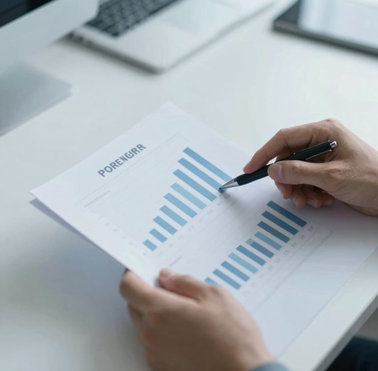 Close-up of hands analyzing a structured statistical report on a clean workspace, cool diffused daylight, desaturated blue and slate tones, sharp focus