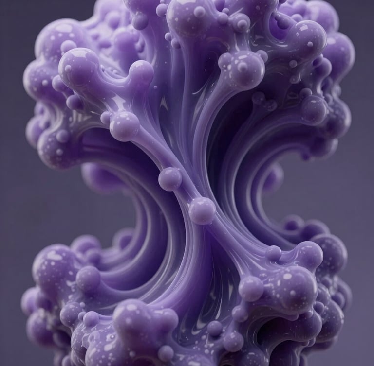 Macro abstract 3D render of fluid lavender and deep purple organic flows, representing metabolic energy movement under cool diffused studio lighting, high-end medical-tech aesthetic