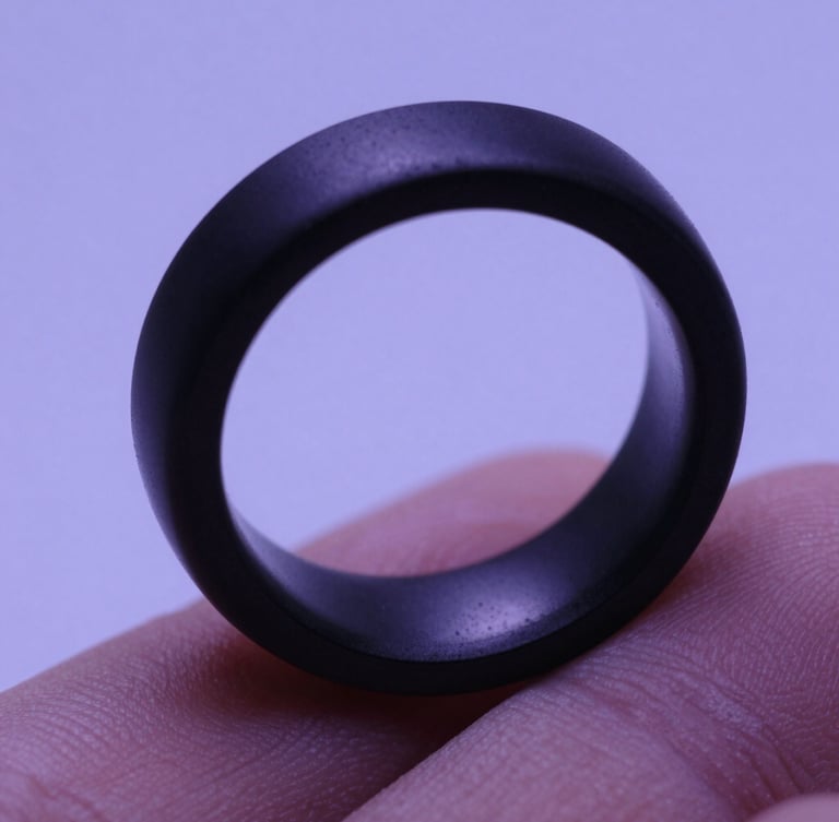Macro close-up of a sleek, matte-black biometric ring on a finger, soft purple and lavender ambient backlighting, cool diffused studio light, high-end medical-tech aesthetic.