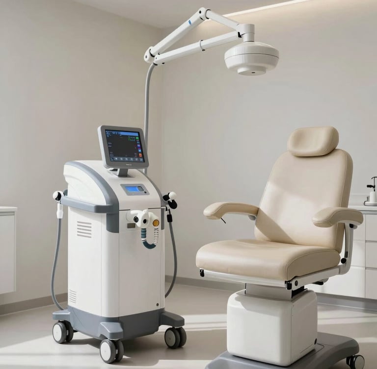 A high-end clinical treatment room in Baghdad, featuring a sleek aesthetic laser device positioned next to a minimalist leather practitioner chair under bright clinical daylight.