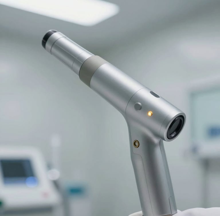 Macro close-up of a sleek medical laser handpiece with a glowing gold indicator light, set against a sterile, minimalist clinic background with soft daylight.