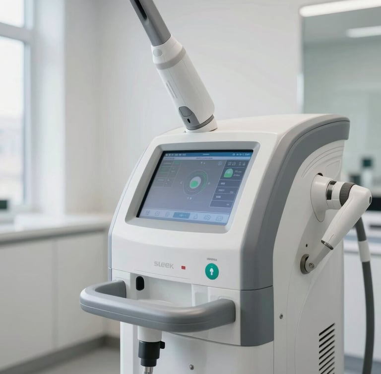 Sleek clinical laser device interface in a bright, modern white clinic, architectural framing with soft natural daylight.