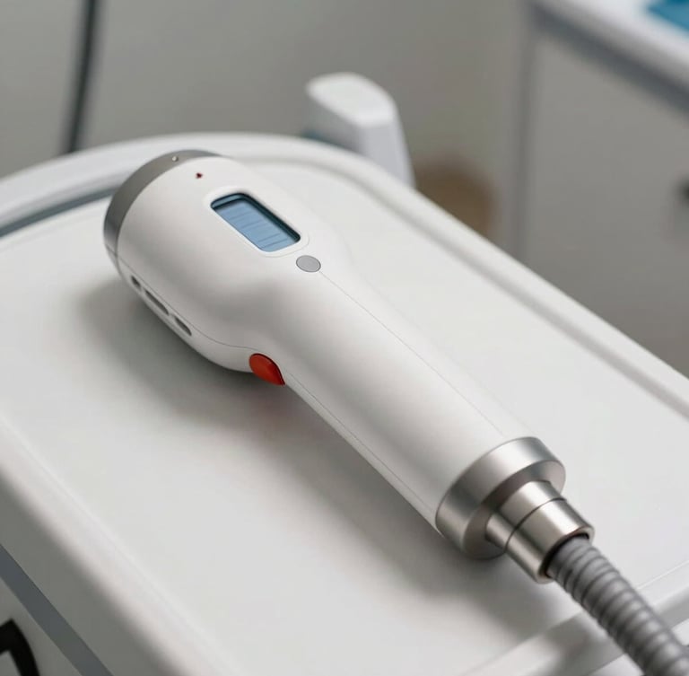 A close-up of a sleek, medical-grade aesthetic laser handpiece resting on a white clinical console, bright clinical lighting with soft shadows