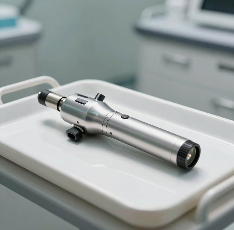 Sleek metallic laser handpiece resting on a white clinical tray, bright clinical daylight, soft shadows, minimalist medical clinic background, landscape composition.