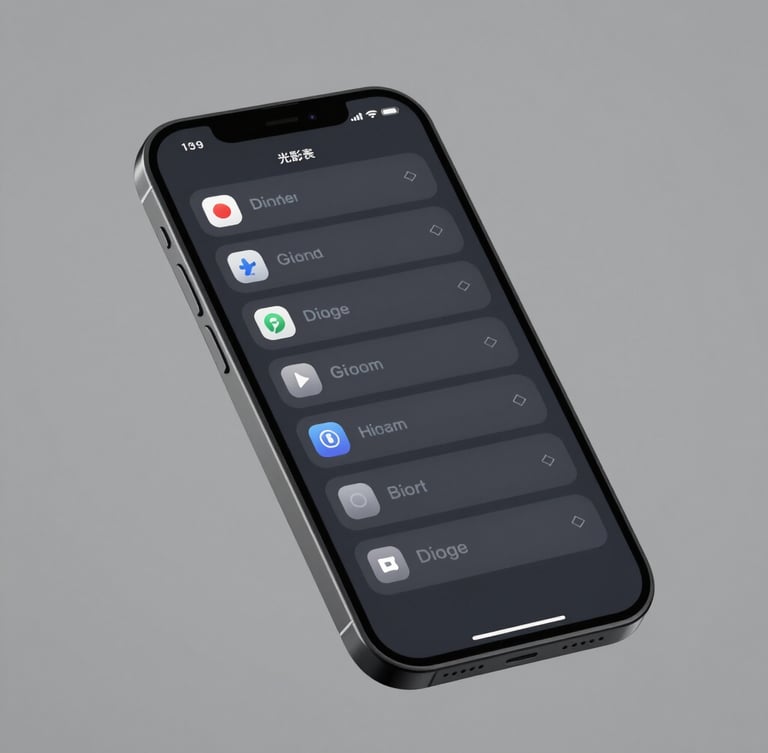 Crisp digital render of a dark smartphone interface showing a complex nested component library grid, sharp straight-on angle, neutral gray background, soft studio lighting.