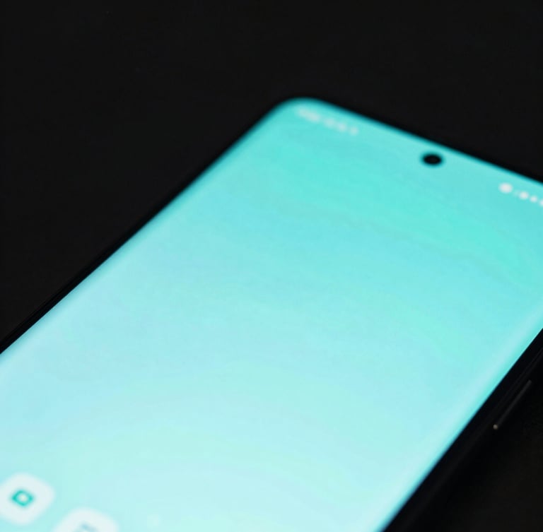 Macro shot of a sleek Android smartphone showing a fluid neon-cyan user interface, dark low-key studio lighting, sharp focus