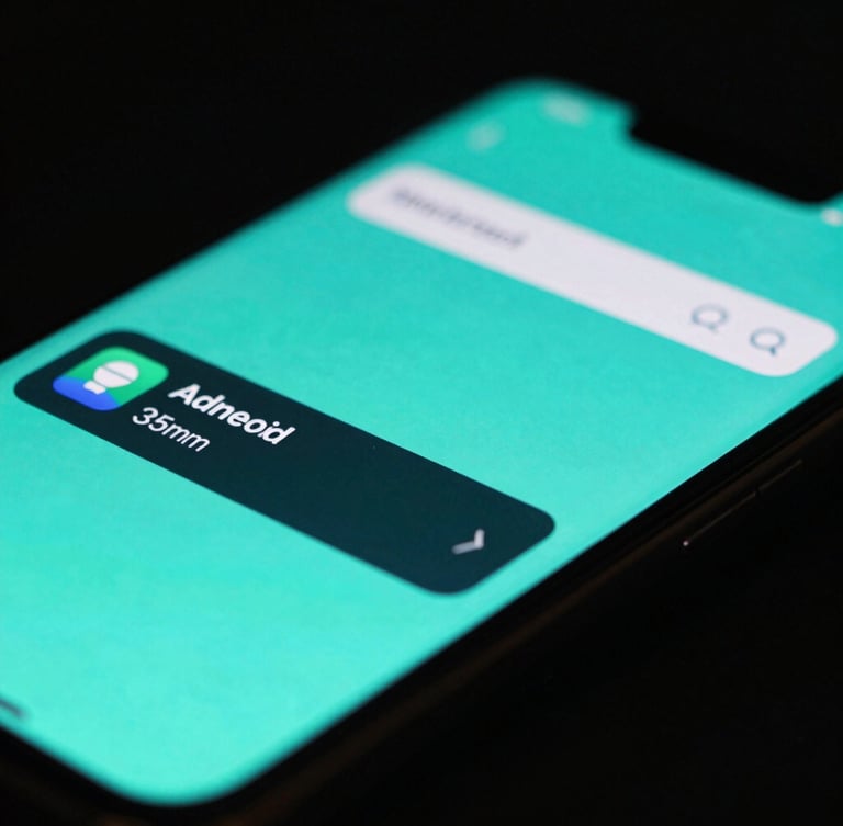 Extreme close-up of a physical Android device displaying a fluid UI layout, dark low-key studio lighting, vibrant neon cyan accents, macro lens, sharp focus, 35mm
