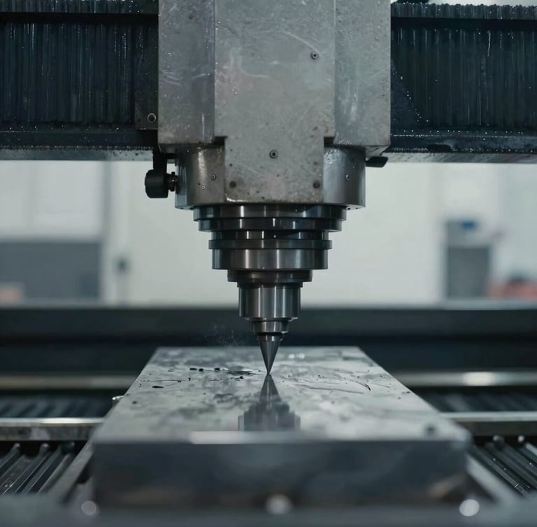 Extreme close-up of a high-precision CNC milling machine cutting steel, cool overcast daylight, desaturated tones, 35mm