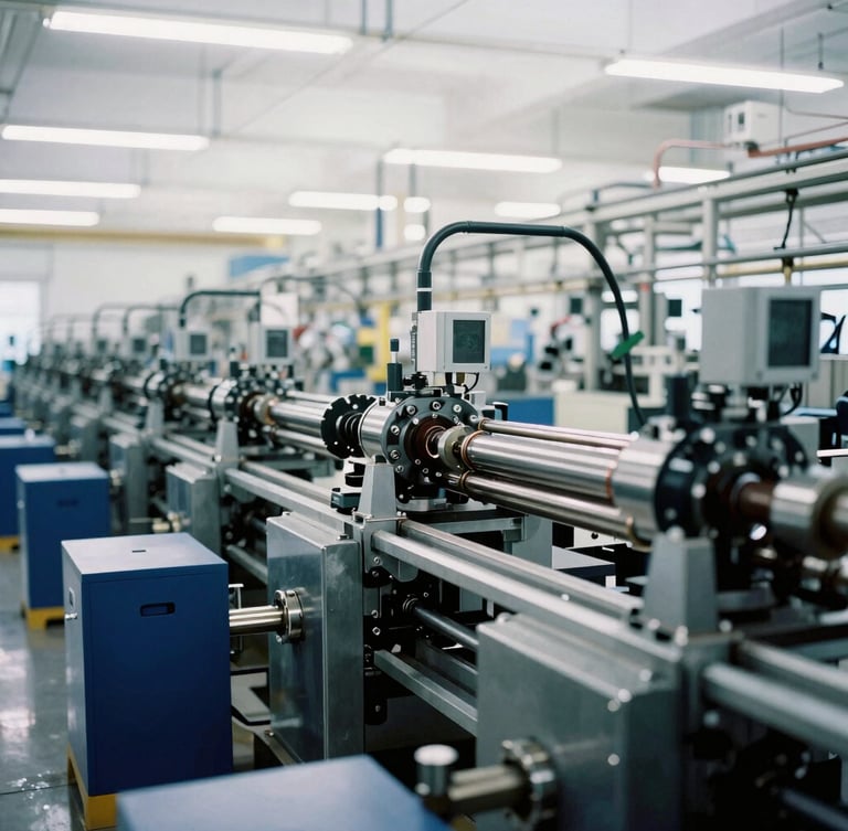 Wide environmental shot of an organized high-precision factory floor, cool daylight reflecting off steel machinery, 35mm
