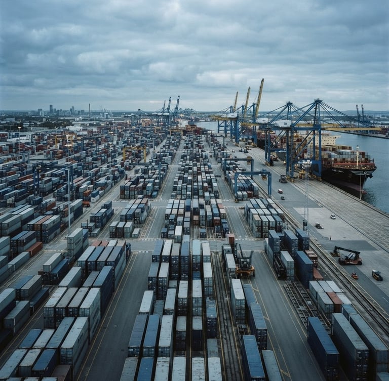 Wide-angle architectural shot of a modern deepwater shipping port, cargo containers stacked in geometric rows under a cool overcast sky, desaturated steel blue tones, 35mm