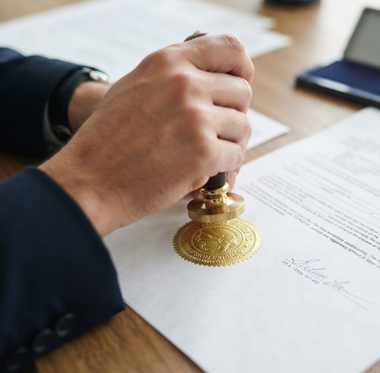 Tight macro shot of a hand holding a gold-embossed notary seal over a clean legal document, bright daylight, 50mm lens.