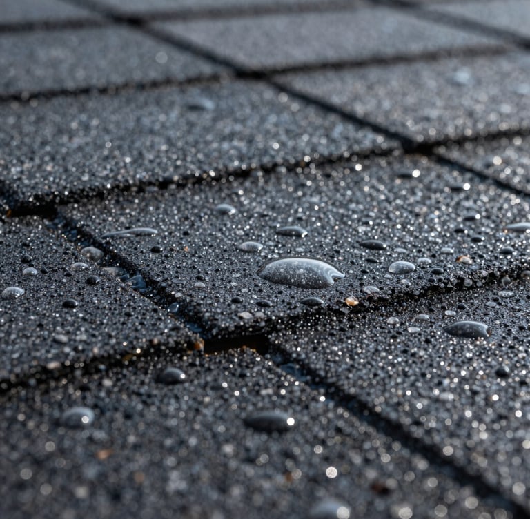 Extreme macro close-up of water beading perfectly on treated dark asphalt shingles, showing the protective nano-barrier under bright daylight.