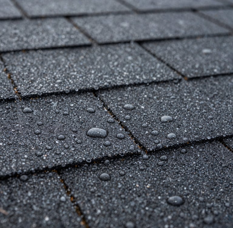 Macro shot of water beading perfectly on a dark asphalt shingle treated with nanotechnology, clean Quebec daylight highlighting the texture.