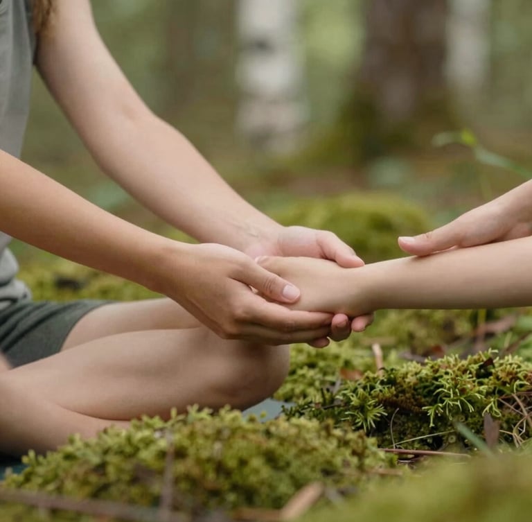 A close-up, warm editorial photograph of hands gently guiding a student in a seated yoga pose, soft diffused forest daylight, earthy moss green and birch tones, shallow depth of field.