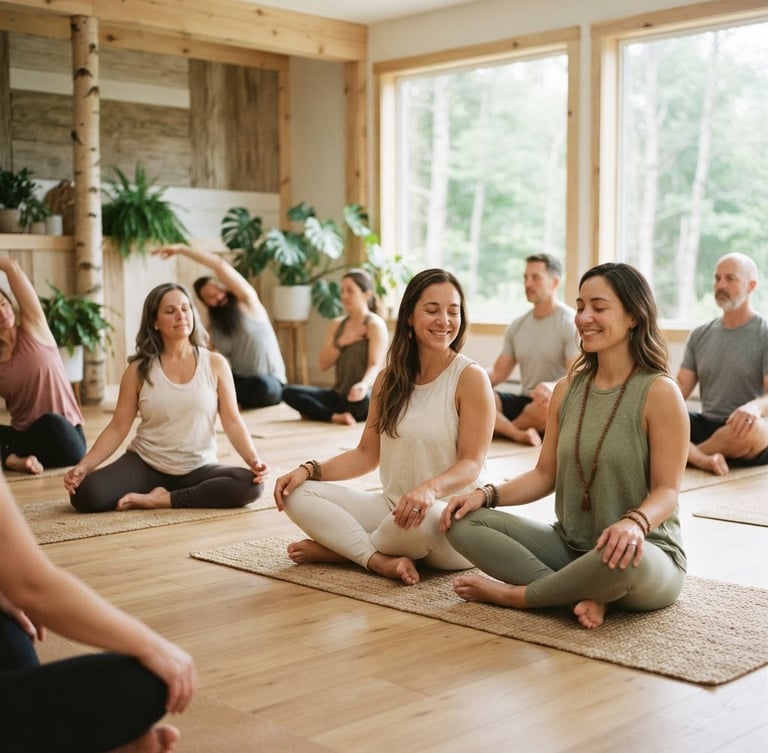 Wide shot of diverse individuals in gentle yoga poses in a light-filled, warm studio with birch wood accents and soft diffused morning light, shallow depth of field. Focus on connection and ease, not athletic performance.