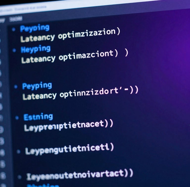 Macro shot of a high-resolution code editor displaying Python latency optimization scripts, cool blue and purple neon ambient light, sharp technical details, shallow depth of field, 35mm